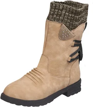 SnowBoots for Women Warm Stretch Knit Winter Shoes Lace Up Mid Calf Boots Slouchy Suede Boots Non Slip Hiking Boots