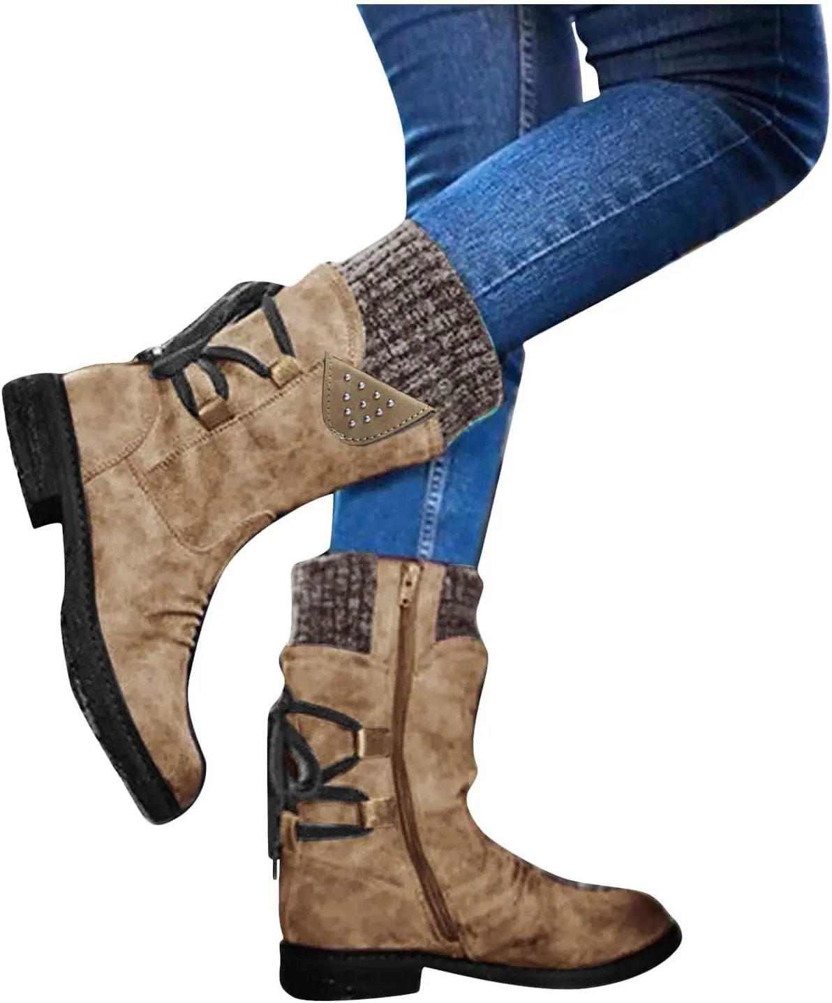 SnowBoots for Women Warm Stretch Knit Winter Shoes Lace Up Mid Calf Boots Slouchy Suede Boots Non Slip Hiking Boots