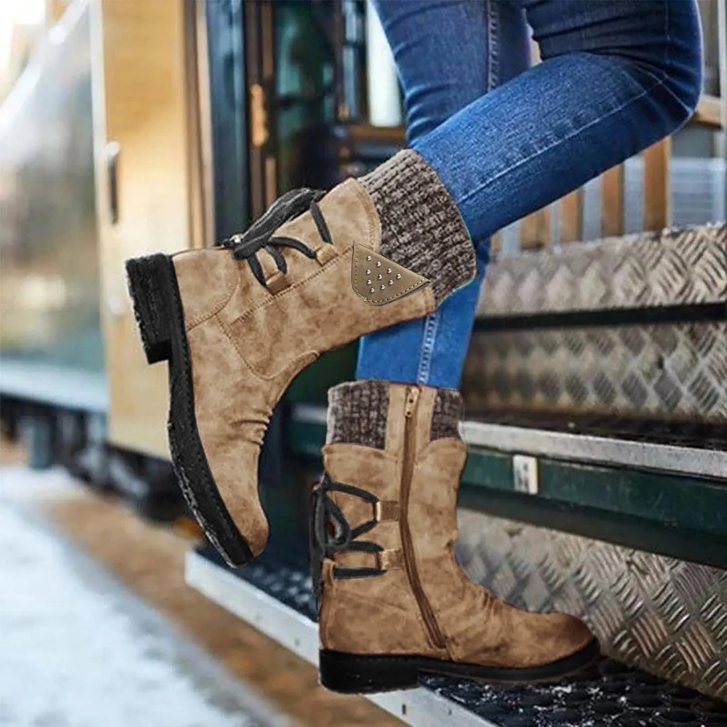 SnowBoots for Women Warm Stretch Knit Winter Shoes Lace Up Mid Calf Boots Slouchy Suede Boots Non Slip Hiking Boots