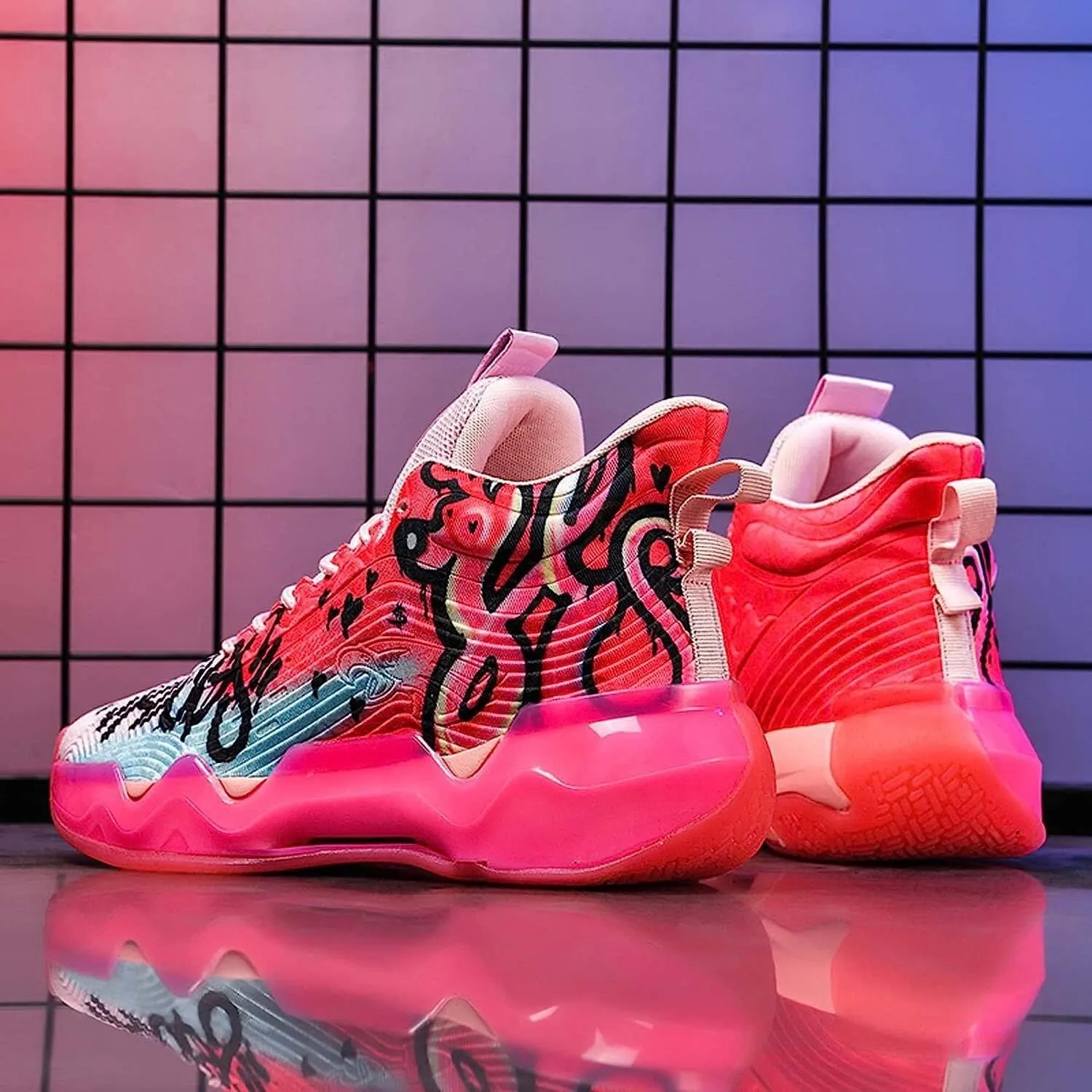 Unisex Fluorescent Basketball Shoes Sneakers Super Light High Top Graffiti Style Combat Basketball Boots