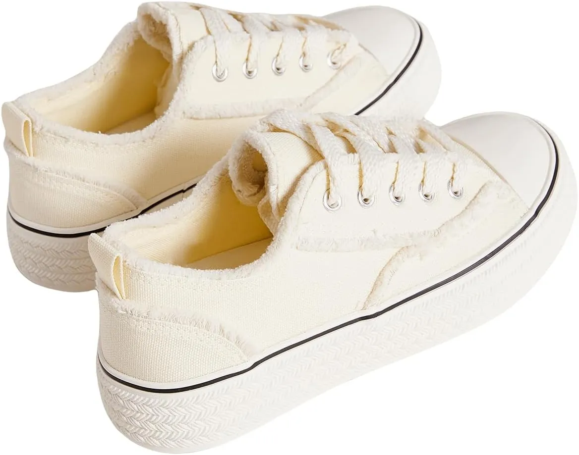 WDIRARA Women's Raw Trim Lace Up Canvas Shoes Low Top Sneakers Casual Shoes