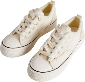WDIRARA Women's Raw Trim Lace Up Canvas Shoes Low Top Sneakers Casual Shoes