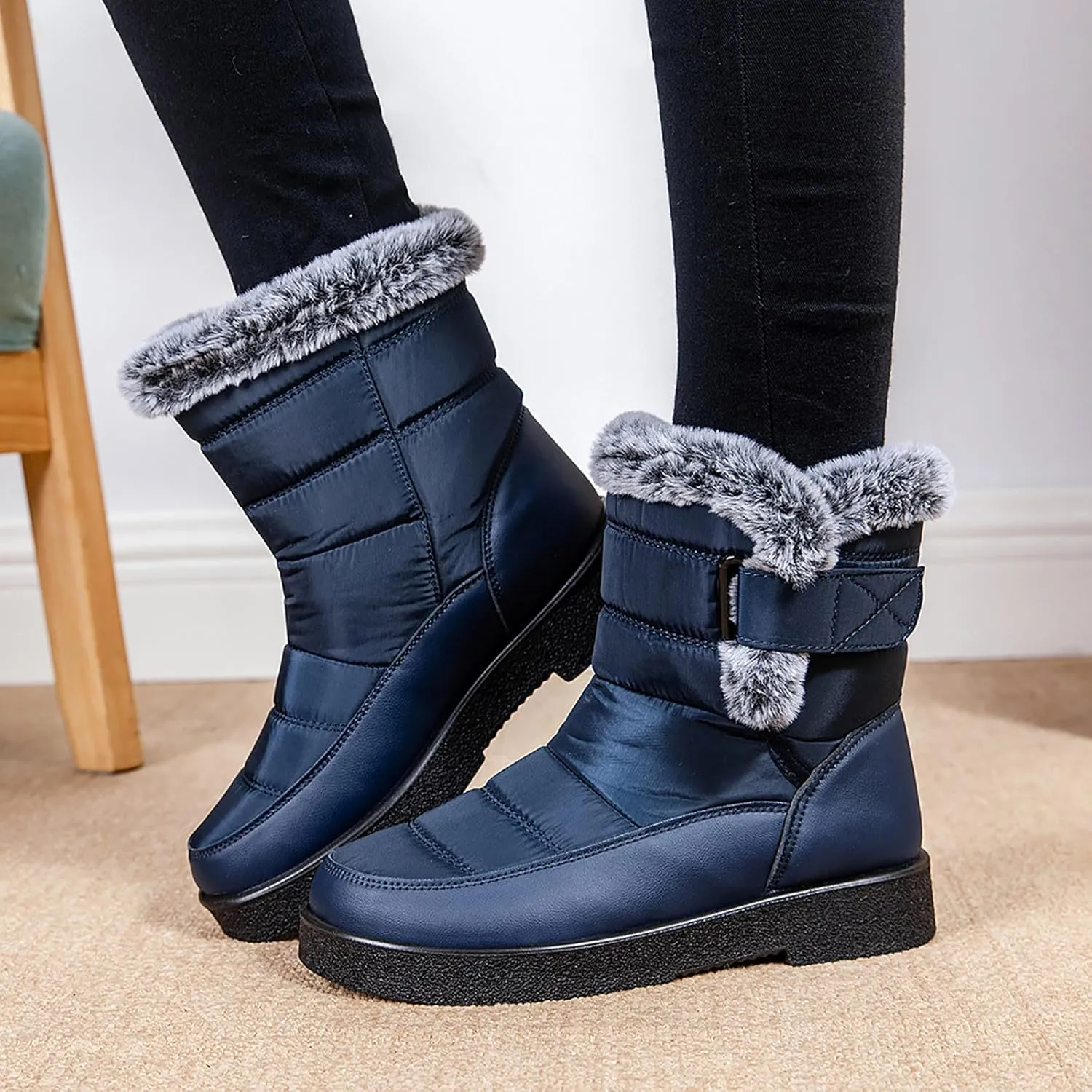 Winter Snow Boots for Women Mid Calf Warm Round Toe Hook and Loop Booties Western Womens Winter Boots Hiking Boots