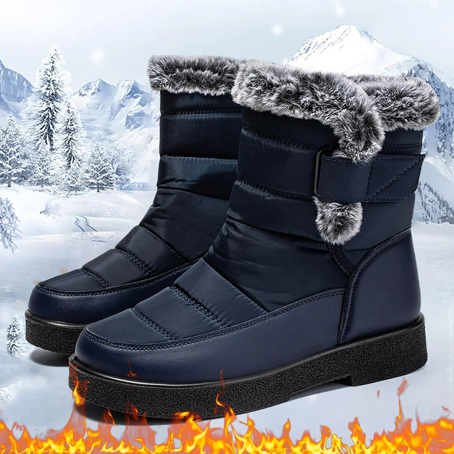 Winter Snow Boots for Women Mid Calf Warm Round Toe Hook and Loop Booties Western Womens Winter Boots Hiking Boots