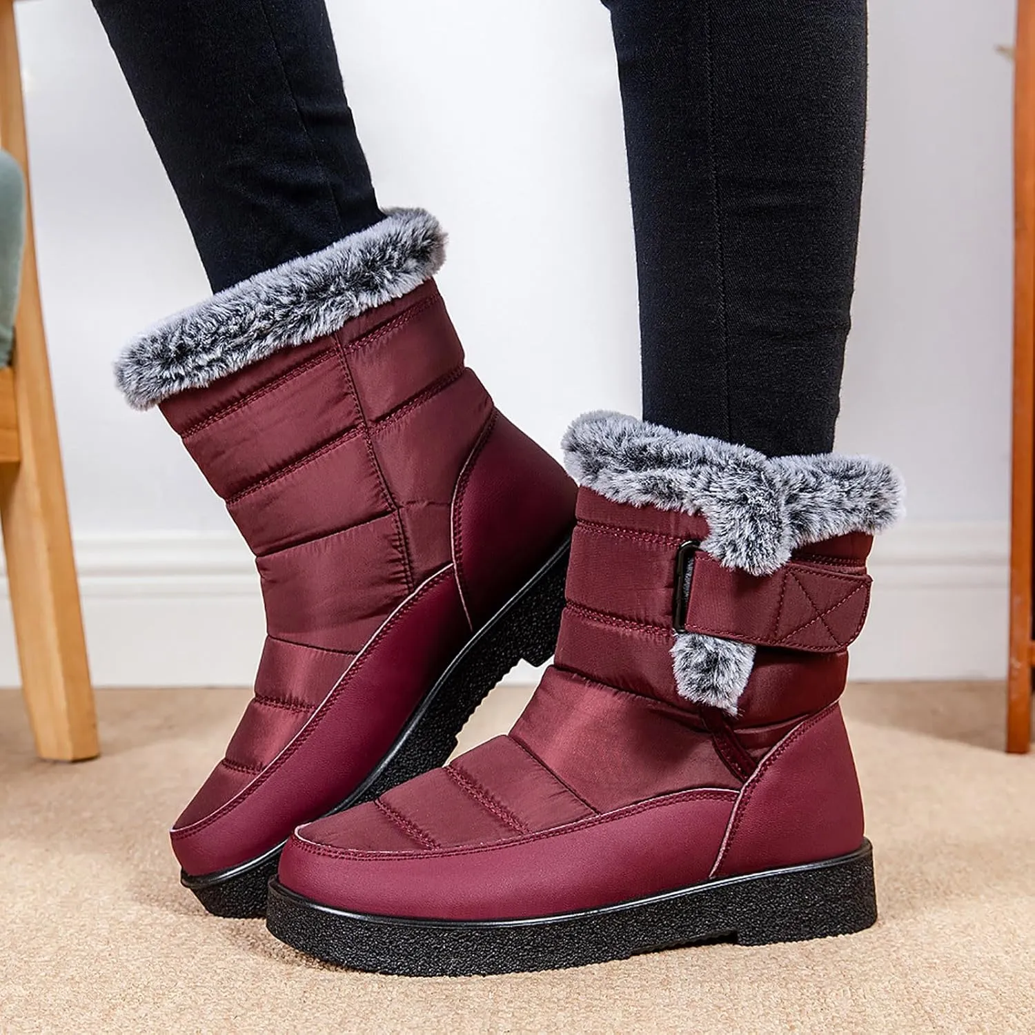 Winter Snow Boots for Women Mid Calf Warm Round Toe Hook and Loop Booties Western Womens Winter Boots Hiking Boots