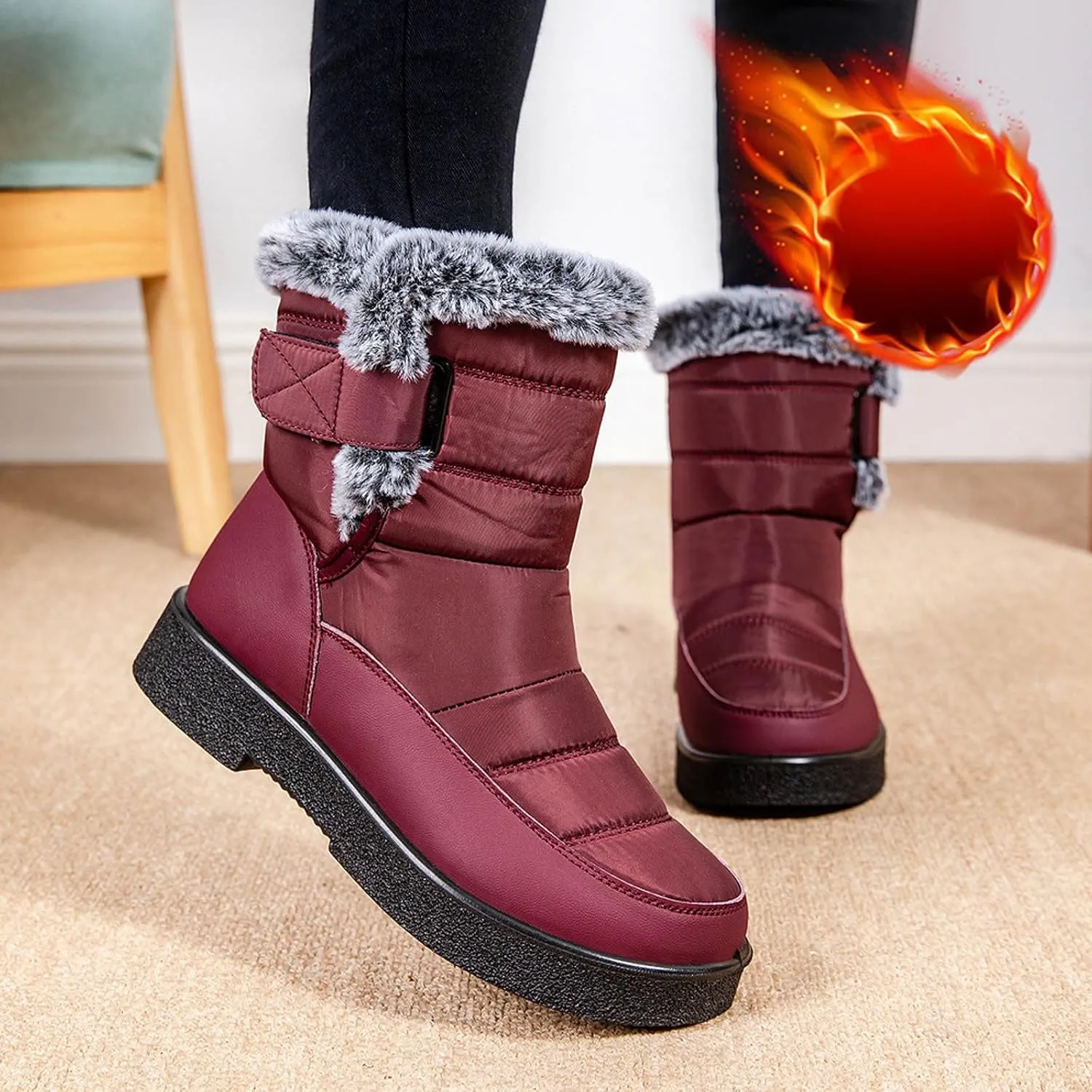Winter Snow Boots for Women Mid Calf Warm Round Toe Hook and Loop Booties Western Womens Winter Boots Hiking Boots