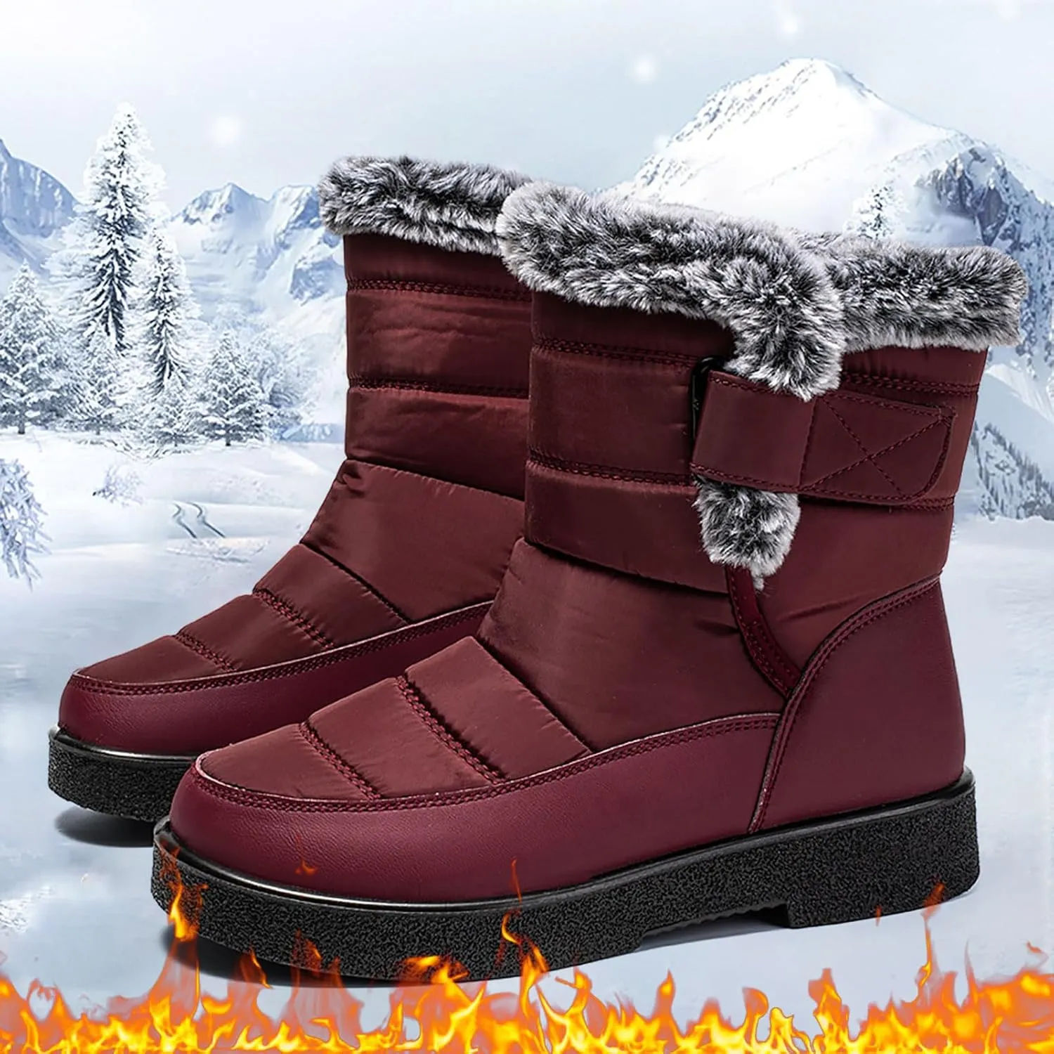 Winter Snow Boots for Women Mid Calf Warm Round Toe Hook and Loop Booties Western Womens Winter Boots Hiking Boots
