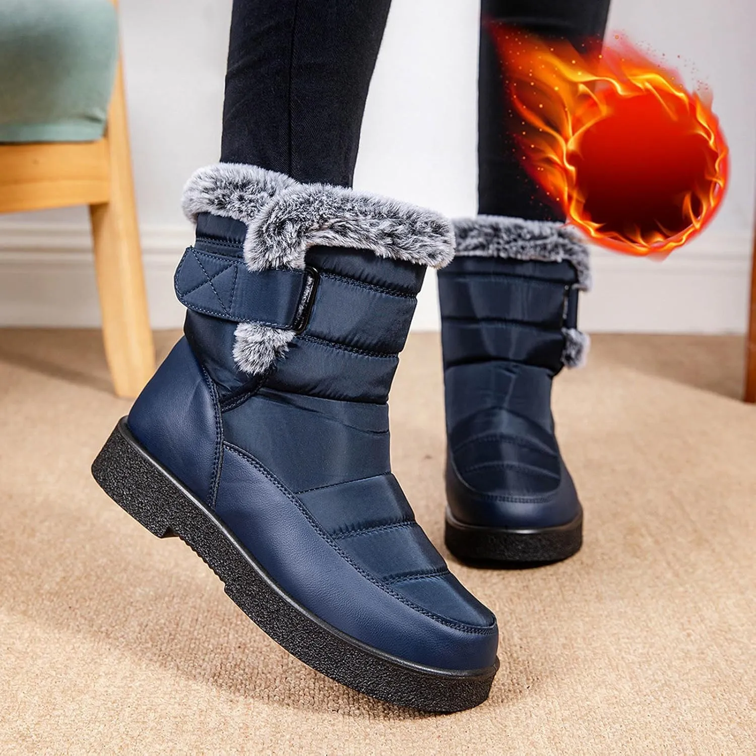 Winter Snow Boots for Women Mid Calf Warm Round Toe Hook and Loop Booties Western Womens Winter Boots Hiking Boots