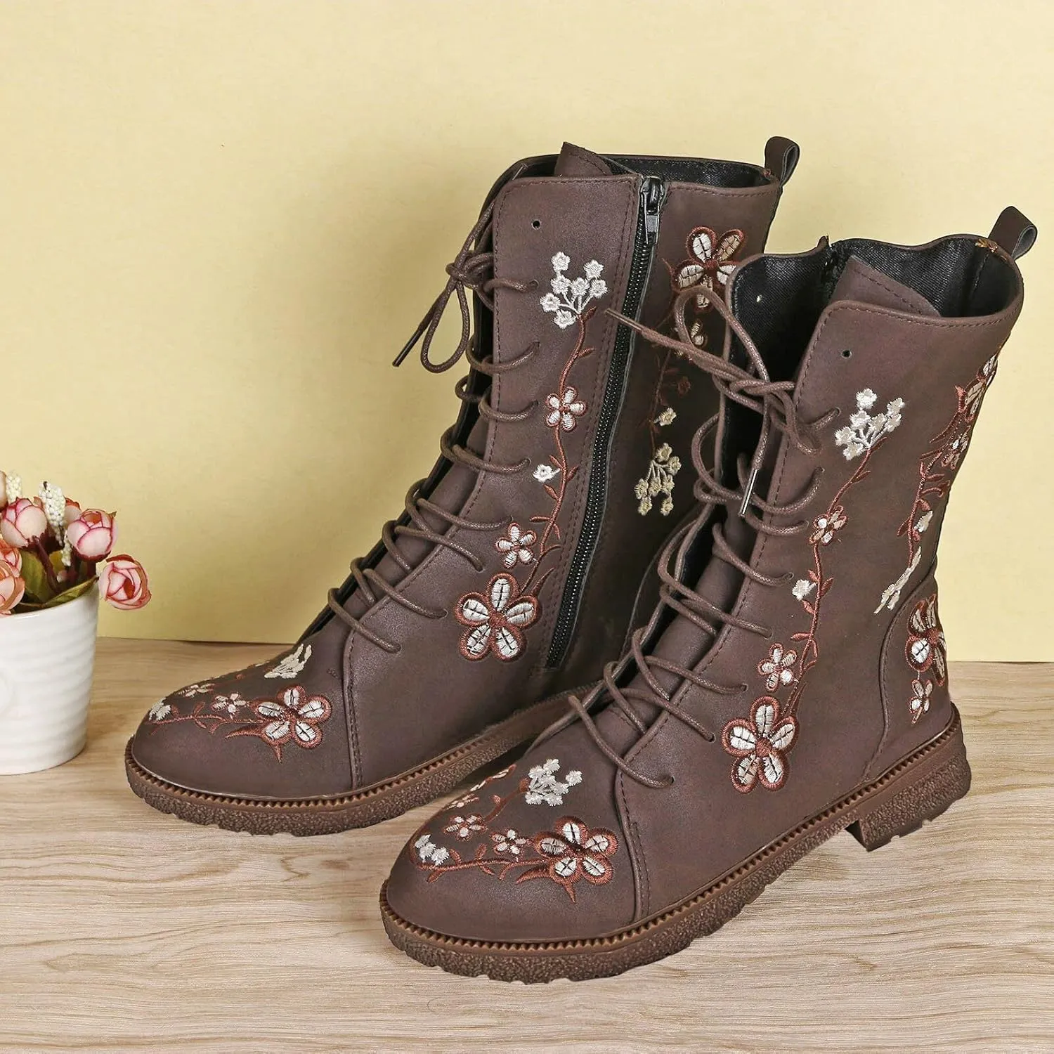 Women Low Heel Mid Calf Boots Comfortable Boots for Women Walking Low Chunky Heels Flower Embroidered Lace up Boots