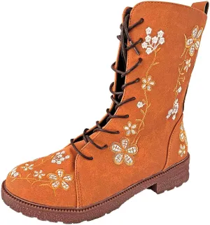 Women Low Heel Mid Calf Boots Comfortable Boots for Women Walking Low Chunky Heels Flower Embroidered Lace up Boots