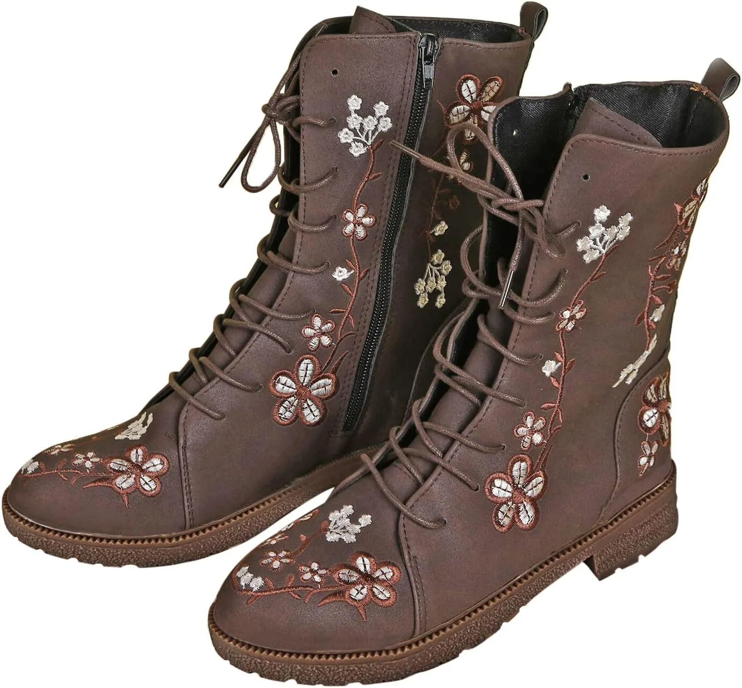 Women Low Heel Mid Calf Boots Comfortable Boots for Women Walking Low Chunky Heels Flower Embroidered Lace up Boots