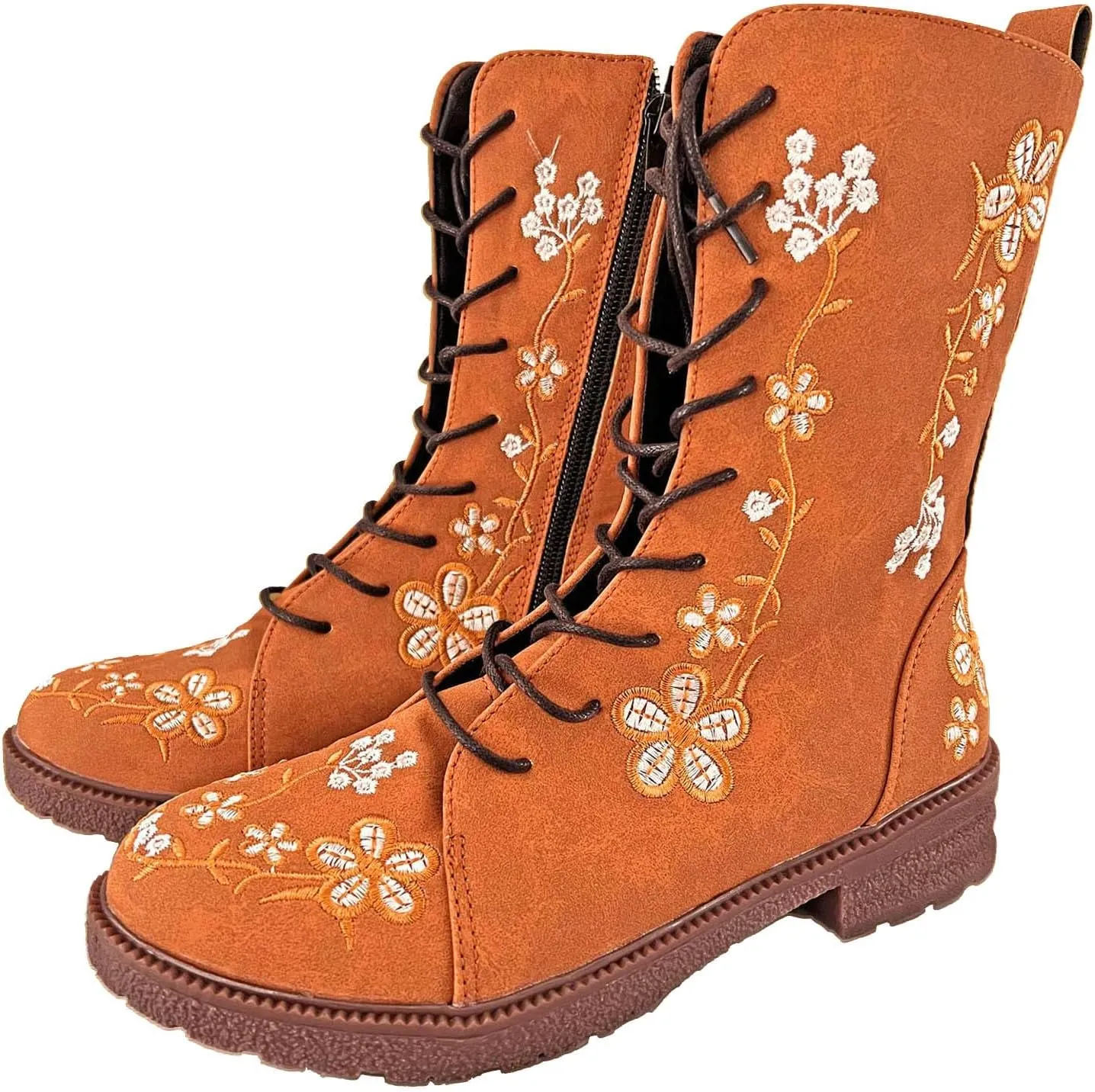Women Low Heel Mid Calf Boots Comfortable Boots for Women Walking Low Chunky Heels Flower Embroidered Lace up Boots