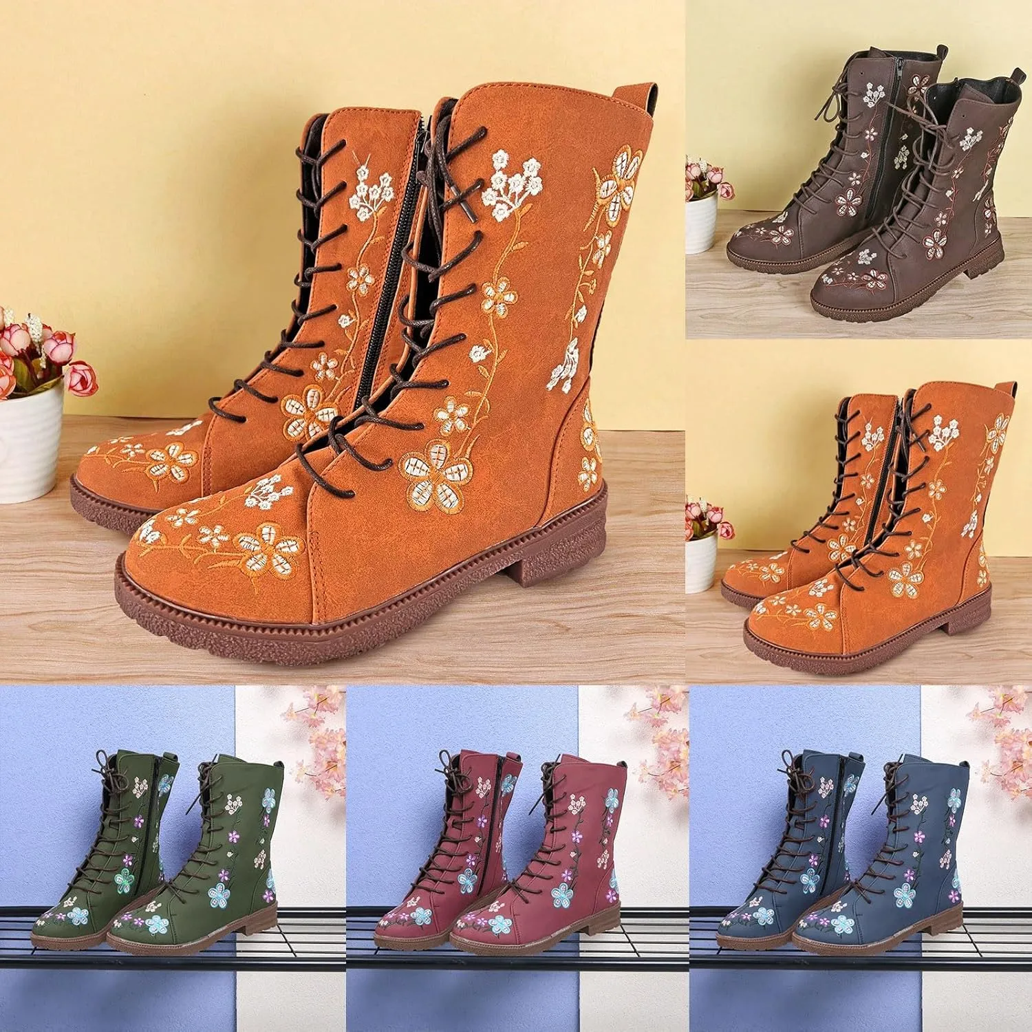 Women Low Heel Mid Calf Boots Comfortable Boots for Women Walking Low Chunky Heels Flower Embroidered Lace up Boots