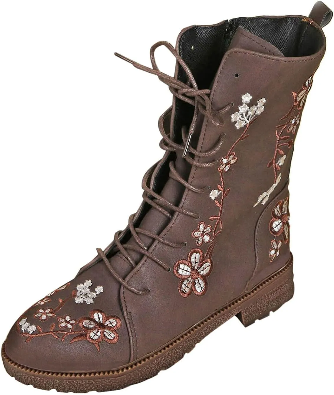 Women Low Heel Mid Calf Boots Comfortable Boots for Women Walking Low Chunky Heels Flower Embroidered Lace up Boots