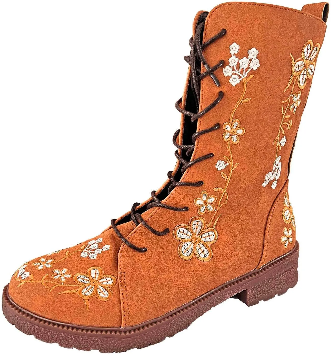 Women Low Heel Mid Calf Boots Comfortable Boots for Women Walking Low Chunky Heels Flower Embroidered Lace up Boots