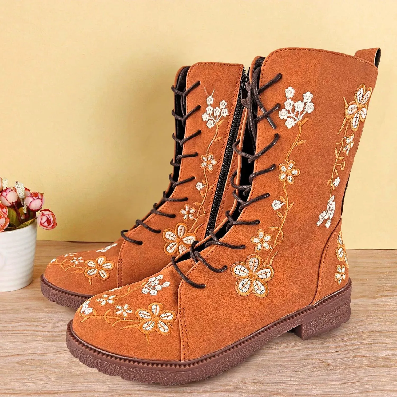 Women Low Heel Mid Calf Boots Comfortable Boots for Women Walking Low Chunky Heels Flower Embroidered Lace up Boots