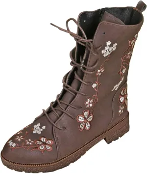 Women Low Heel Mid Calf Boots Comfortable Boots for Women Walking Low Chunky Heels Flower Embroidered Lace up Boots
