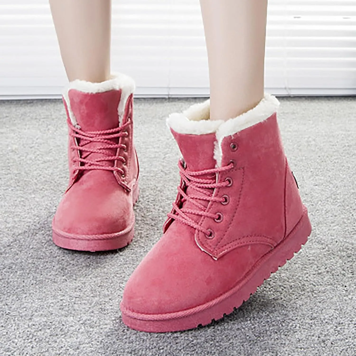 Women Snow Ankle Boots Plush Lined Mid Calf Boots For Women Soft Sole Flat Shoes Lace Up Hiking Boots Women