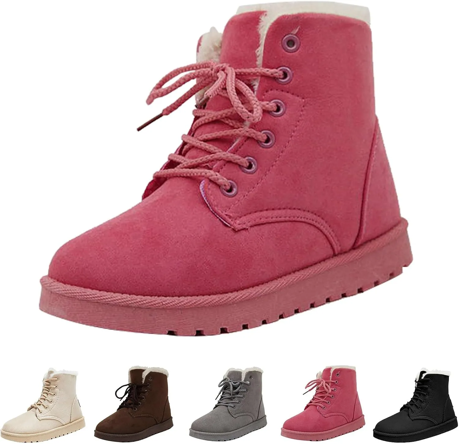 Women Snow Ankle Boots Plush Lined Mid Calf Boots For Women Soft Sole Flat Shoes Lace Up Hiking Boots Women