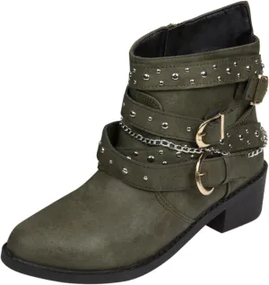 Womens Boots Retro Button Chain Thick Heel Round Toe Fashion Boots for Women Durable Soft Leather Winter Boots