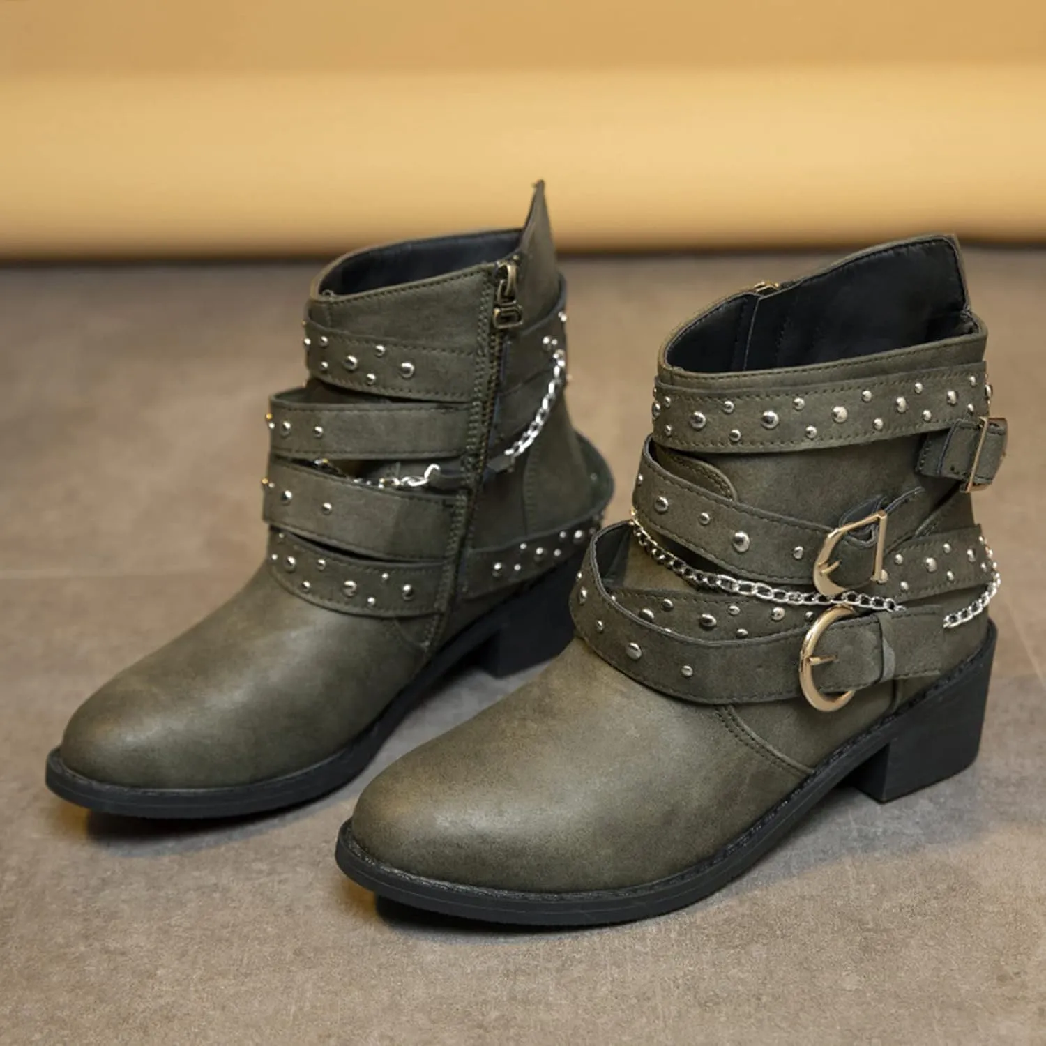 Womens Boots Retro Button Chain Thick Heel Round Toe Fashion Boots for Women Durable Soft Leather Winter Boots