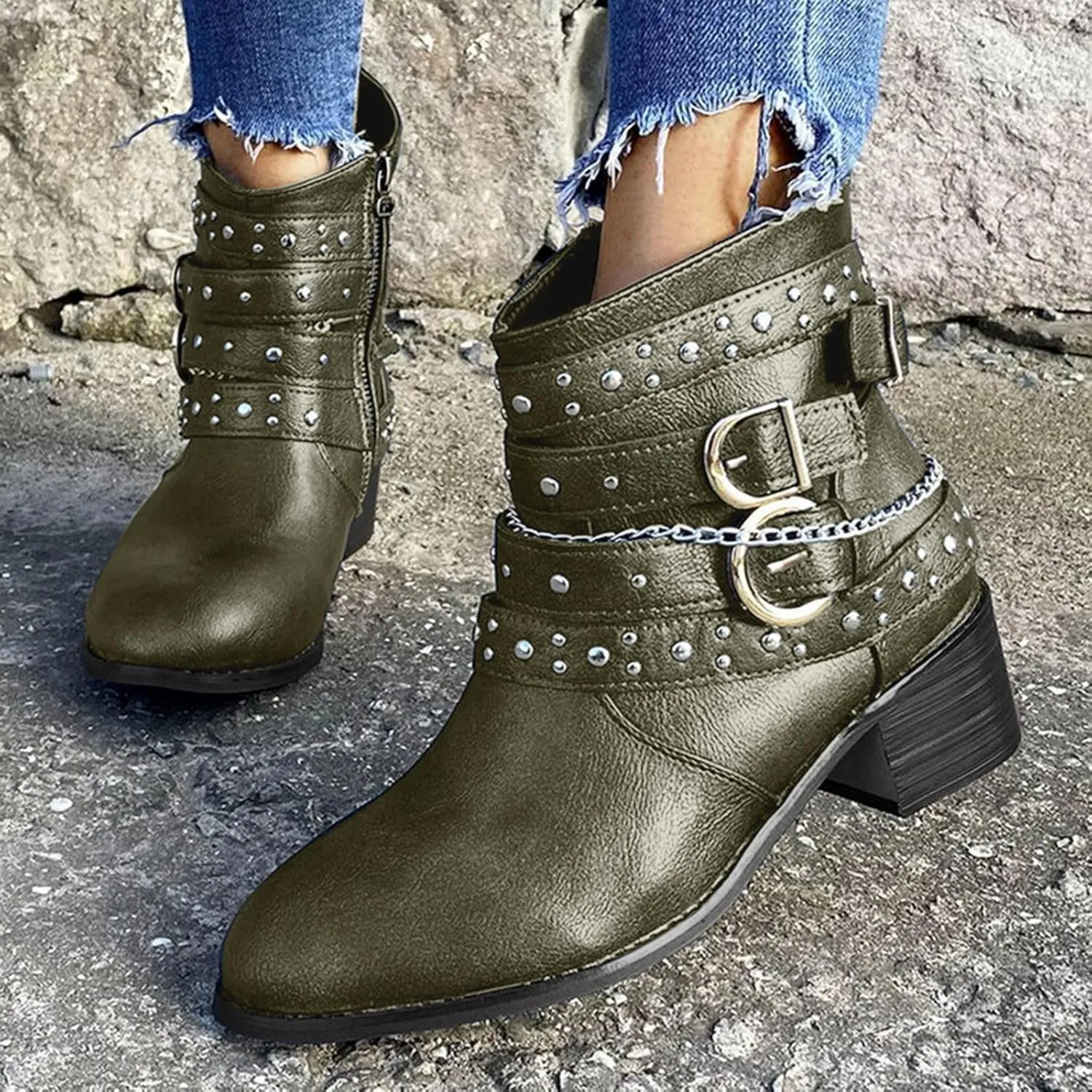 Womens Boots Retro Button Chain Thick Heel Round Toe Fashion Boots for Women Durable Soft Leather Winter Boots
