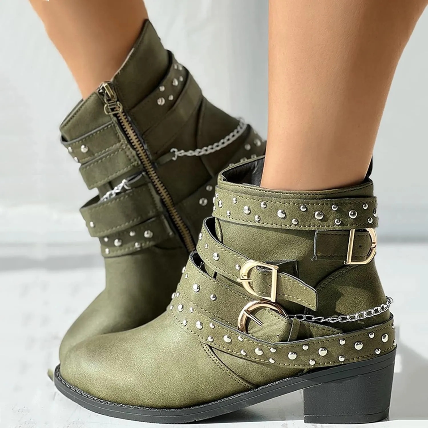 Womens Boots Retro Button Chain Thick Heel Round Toe Fashion Boots for Women Durable Soft Leather Winter Boots
