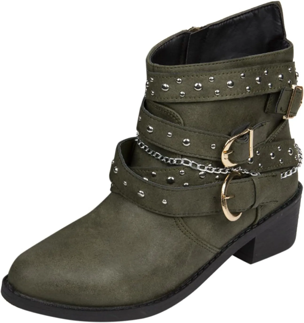Womens Boots Retro Button Chain Thick Heel Round Toe Fashion Boots for Women Durable Soft Leather Winter Boots