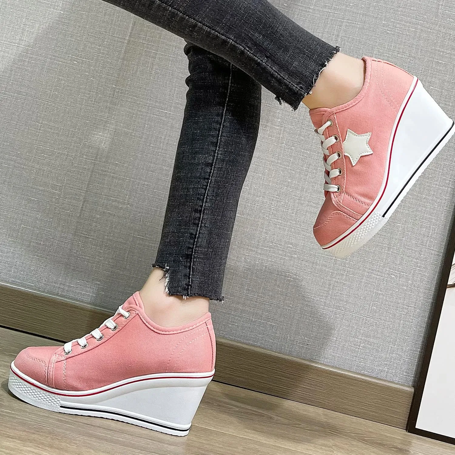 Women's Canvas High-Heeled Shoes Fashion Sneakers Casual Shoes for Walking Platform Wedges Pump Shoes
