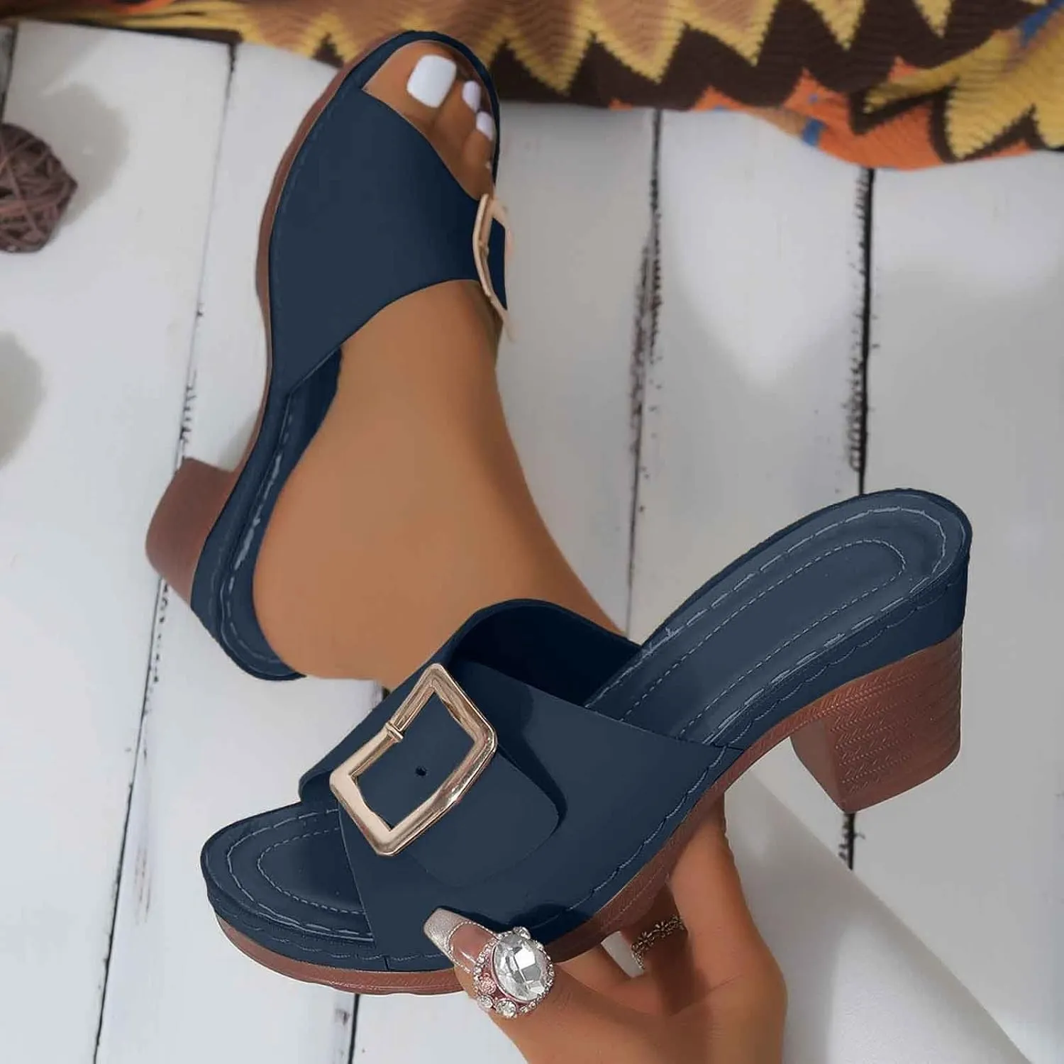 Women's Slide Heeled Sandals Opened Square Toe Chunky Block Heel Slippers with Buckle Slip on Long Womens Slippers