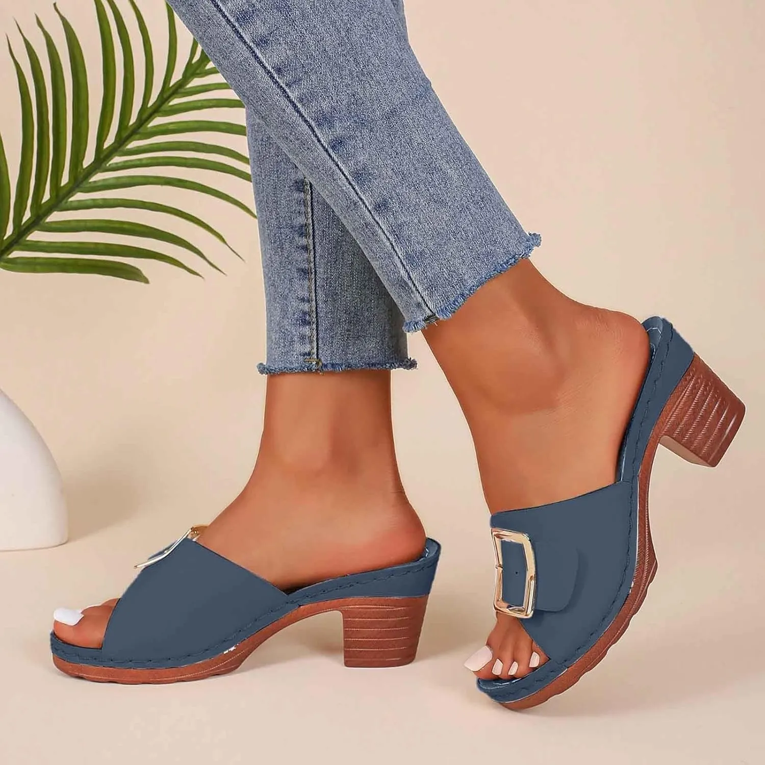 Women's Slide Heeled Sandals Opened Square Toe Chunky Block Heel Slippers with Buckle Slip on Long Womens Slippers