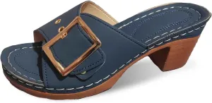 Women's Slide Heeled Sandals Opened Square Toe Chunky Block Heel Slippers with Buckle Slip on Long Womens Slippers