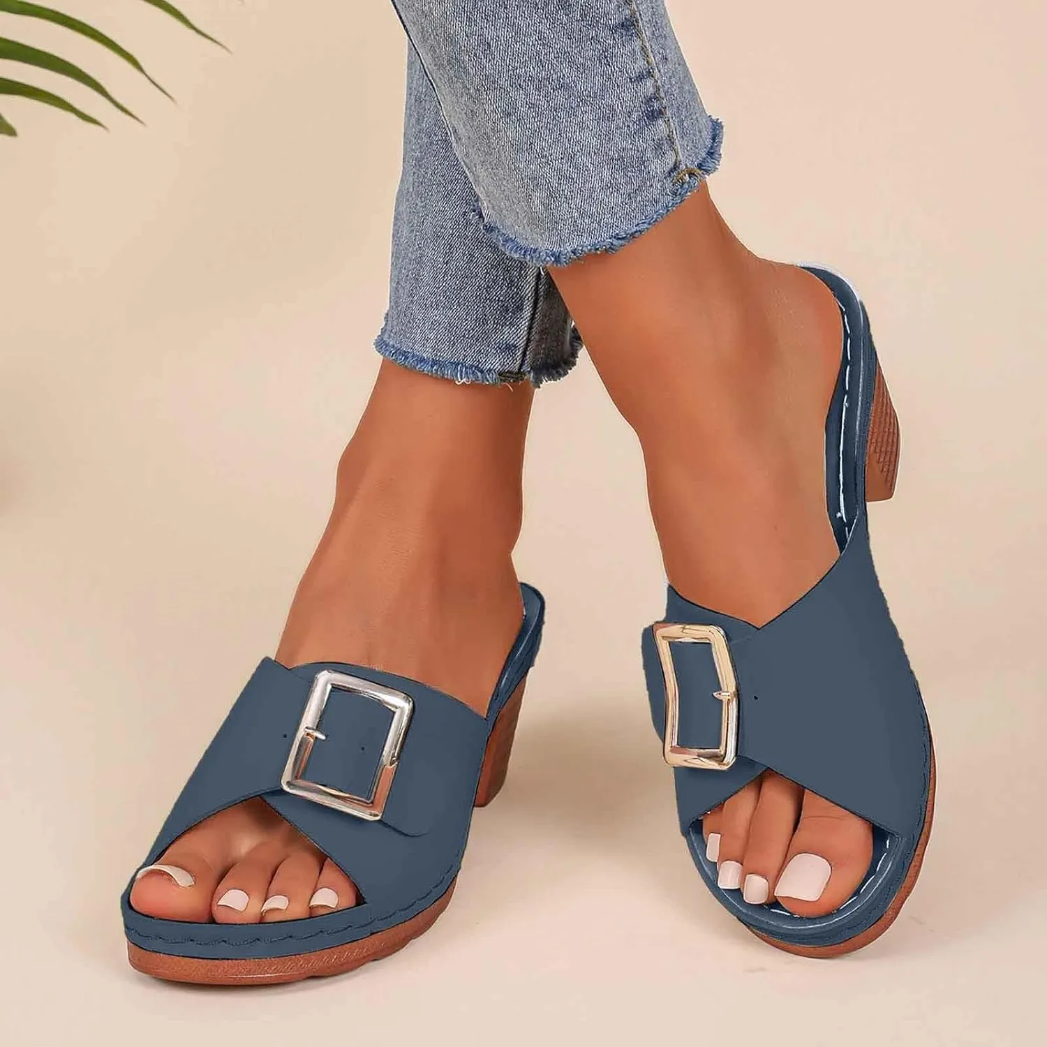 Women's Slide Heeled Sandals Opened Square Toe Chunky Block Heel Slippers with Buckle Slip on Long Womens Slippers