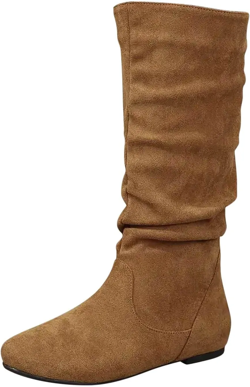 Women's Slouchy Mid Calf Boots Zip up Flat Boots Comfortable Round Toe Fall Weather Winter Dress Boots