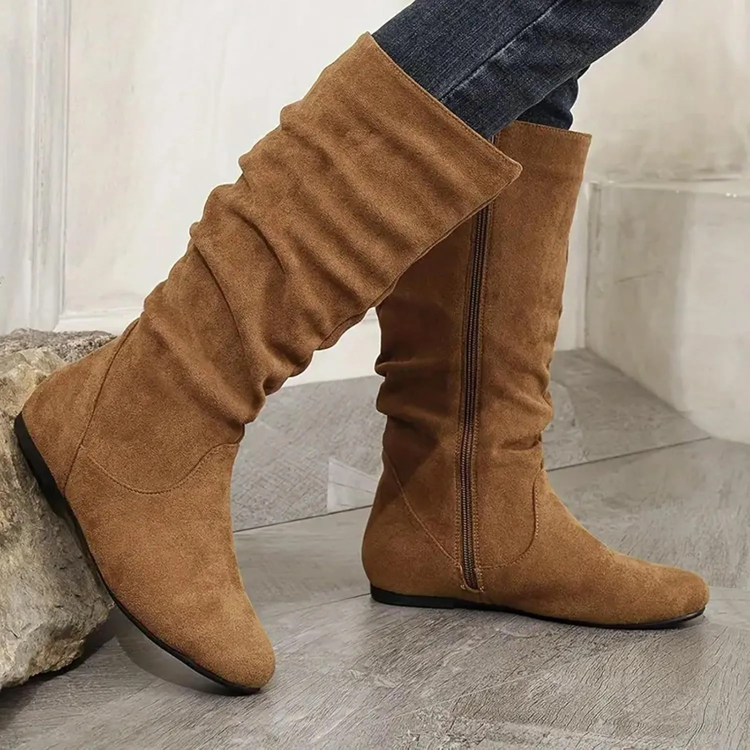 Women's Slouchy Mid Calf Boots Zip up Flat Boots Comfortable Round Toe Fall Weather Winter Dress Boots