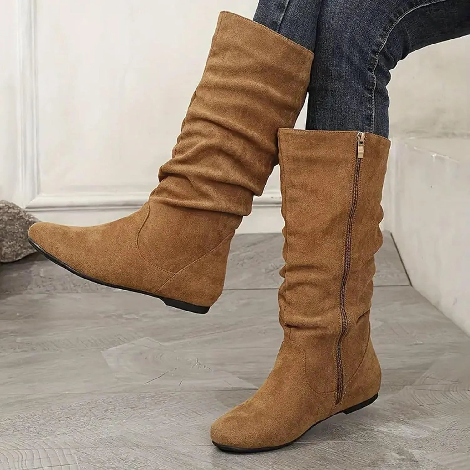 Women's Slouchy Mid Calf Boots Zip up Flat Boots Comfortable Round Toe Fall Weather Winter Dress Boots