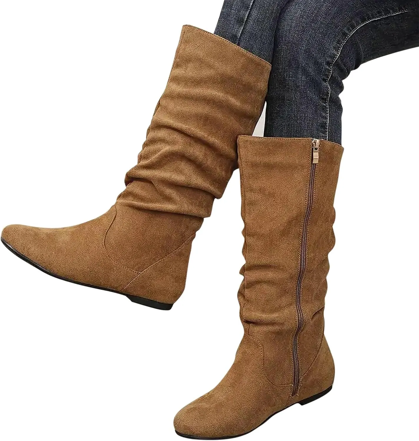 Women's Slouchy Mid Calf Boots Zip up Flat Boots Comfortable Round Toe Fall Weather Winter Dress Boots