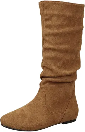 Women's Slouchy Mid Calf Boots Zip up Flat Boots Comfortable Round Toe Fall Weather Winter Dress Boots
