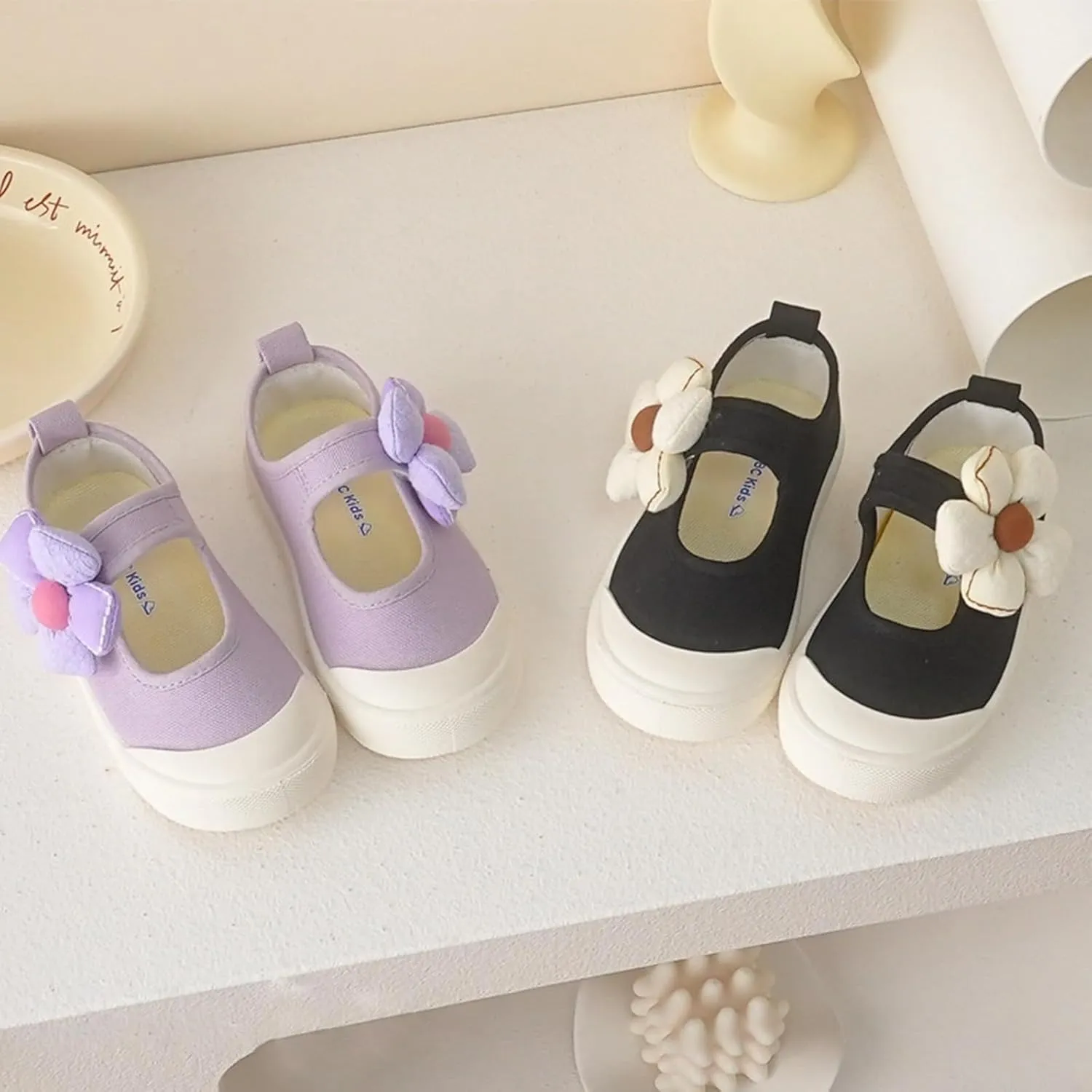 YIBLBOX Toddler Girl's Canvas Sneakers Flower Mary Jane Flat Shoes for Kids School Uniform Shoes Dress Shoes