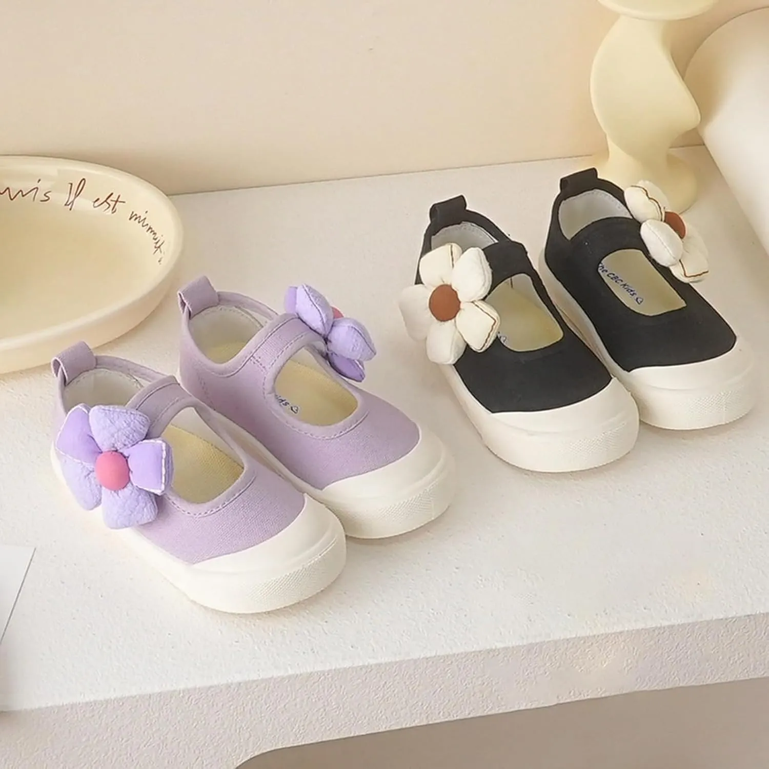 YIBLBOX Toddler Girl's Canvas Sneakers Flower Mary Jane Flat Shoes for Kids School Uniform Shoes Dress Shoes