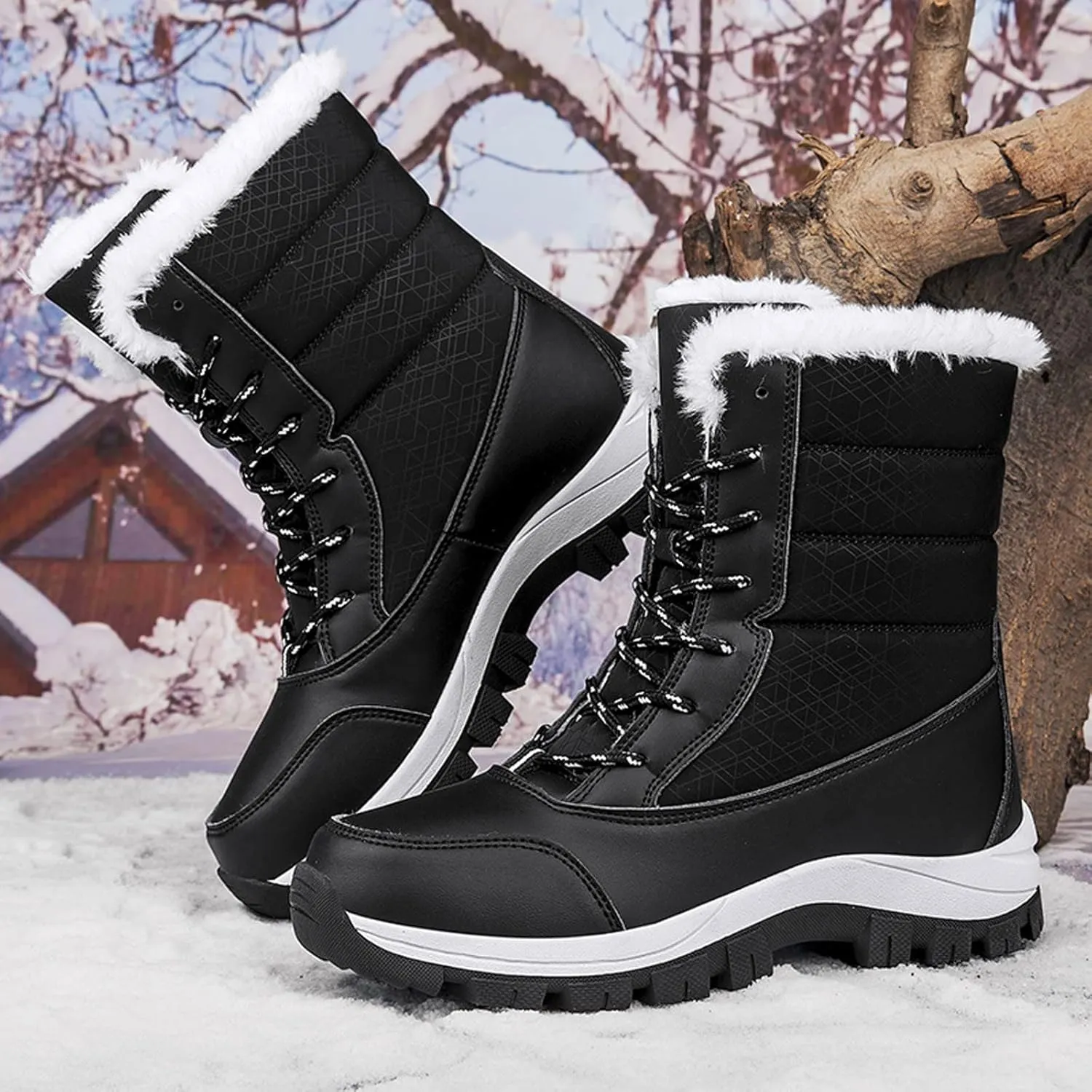ZBYY Womens Snow Boots,Fur Lined Warm Winter Lace up Boots Mid Calf Snow Boots Outdoor Waterproof Anti-Slip Walking Boots for Women