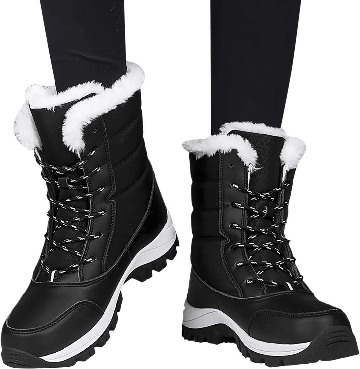 ZBYY Womens Snow Boots,Fur Lined Warm Winter Lace up Boots Mid Calf Snow Boots Outdoor Waterproof Anti-Slip Walking Boots for Women
