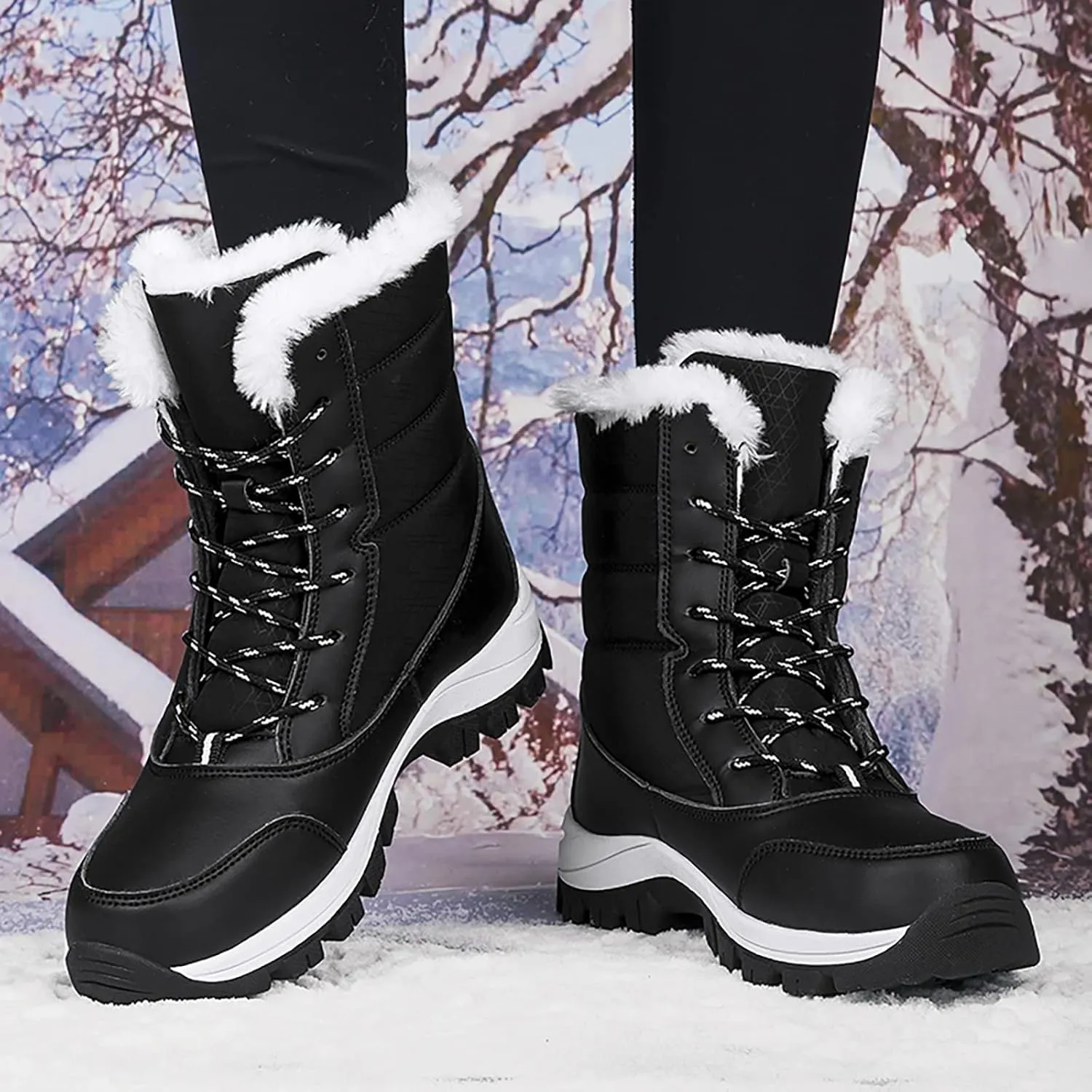 ZBYY Womens Snow Boots,Fur Lined Warm Winter Lace up Boots Mid Calf Snow Boots Outdoor Waterproof Anti-Slip Walking Boots for Women