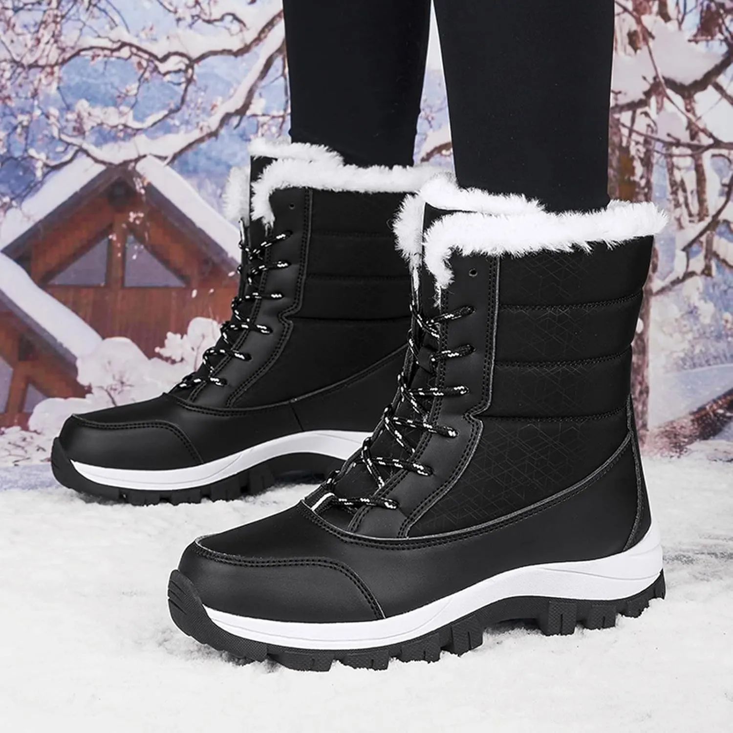 ZBYY Womens Snow Boots,Fur Lined Warm Winter Lace up Boots Mid Calf Snow Boots Outdoor Waterproof Anti-Slip Walking Boots for Women