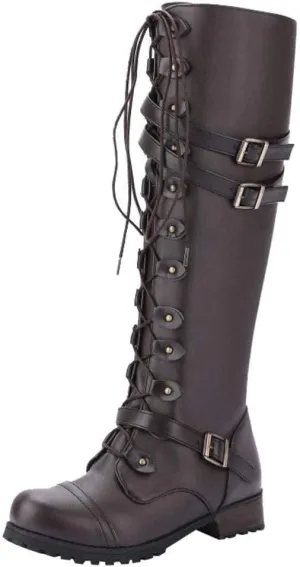 ZDLJYL Women Knee High Boots Autumn & Winter Fashion Lace Up with Buckle Mid-Calf Knight Boot Vintage Round Toe Side Zipper Boots