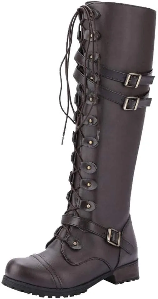 ZDLJYL Women Knee High Boots Autumn & Winter Fashion Lace Up with Buckle Mid-Calf Knight Boot Vintage Round Toe Side Zipper Boots