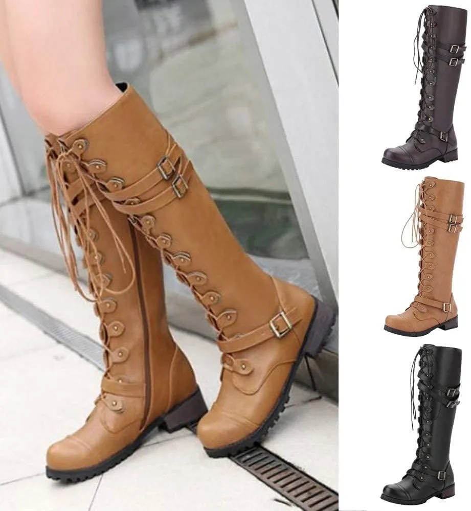 ZDLJYL Women Knee High Boots Autumn & Winter Fashion Lace Up with Buckle Mid-Calf Knight Boot Vintage Round Toe Side Zipper Boots