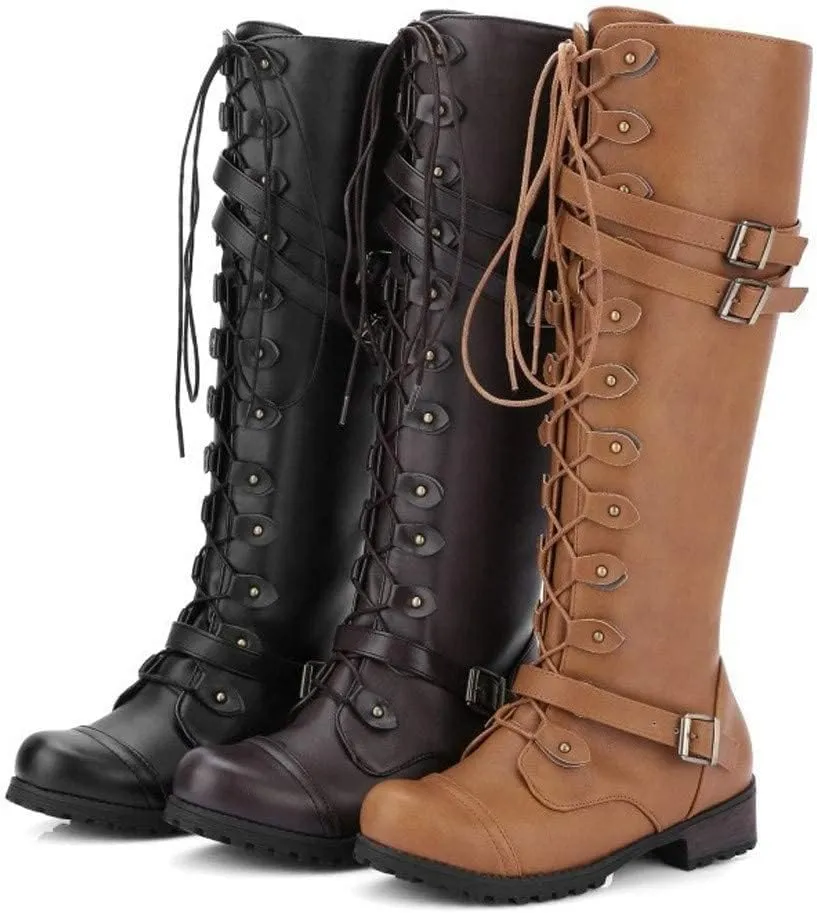 ZDLJYL Women Knee High Boots Autumn & Winter Fashion Lace Up with Buckle Mid-Calf Knight Boot Vintage Round Toe Side Zipper Boots