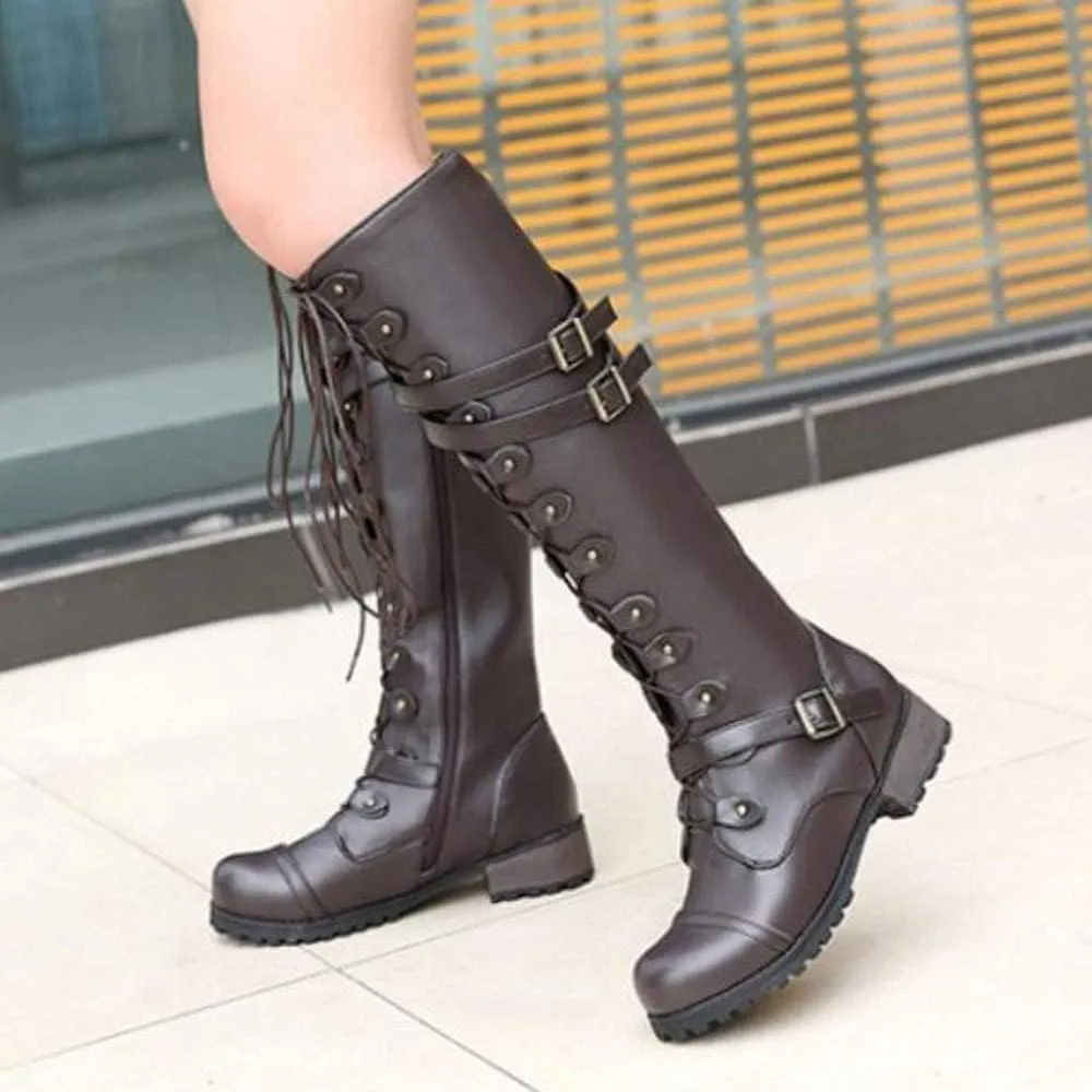ZDLJYL Women Knee High Boots Autumn & Winter Fashion Lace Up with Buckle Mid-Calf Knight Boot Vintage Round Toe Side Zipper Boots