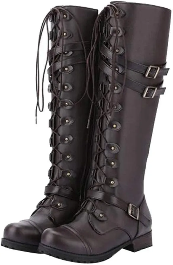 ZDLJYL Women Knee High Boots Autumn & Winter Fashion Lace Up with Buckle Mid-Calf Knight Boot Vintage Round Toe Side Zipper Boots